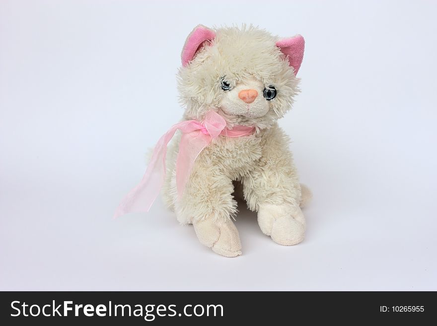 A beautiful white cat with pink tie, child toy. A beautiful white cat with pink tie, child toy