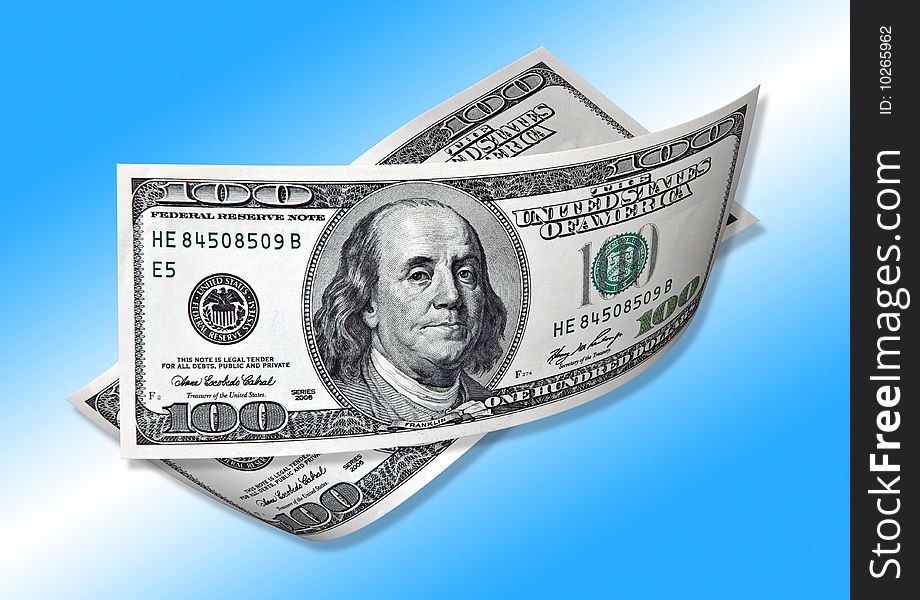 One Hundred Dollars On Blue Background