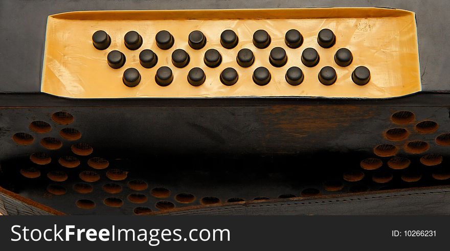 Buttons of vintage black accordion closeup