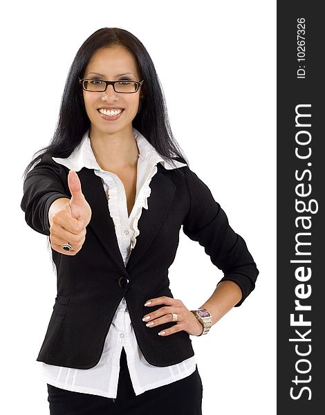 Attractive business woman making her ok sign over white