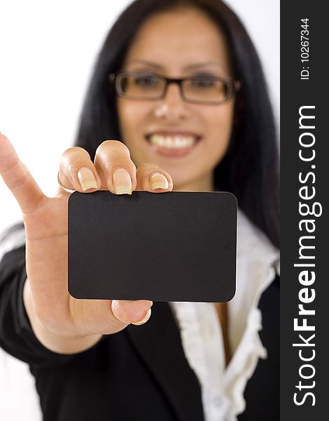 Attractive Businesswoman Holding A Blank Card