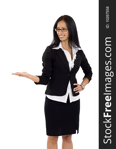 Attractive businesswoman presenting something over white