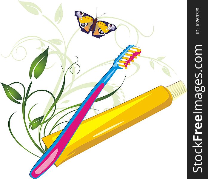 Sprig With Butterfly, Tooth Brush And Paste