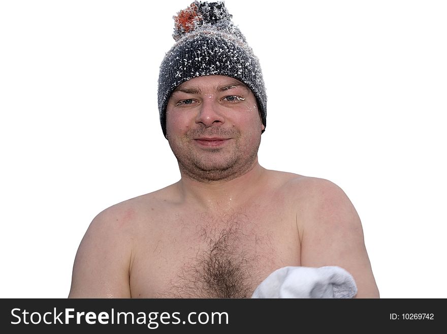 Portrait of man after winter swimming on white background