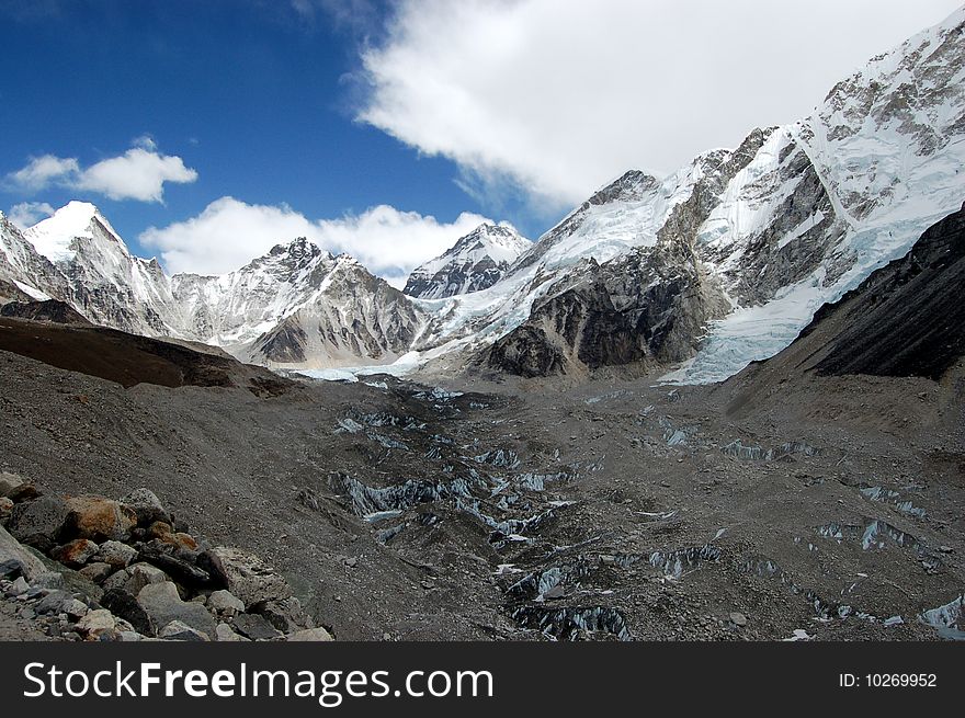 At the end of glacier is Mount Everest base camp in 5360 meters above sea level. At the end of glacier is Mount Everest base camp in 5360 meters above sea level.