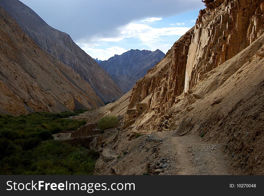 A path leading though Ladakh valley in Indian Himalaya. Ladakh, India. A path leading though Ladakh valley in Indian Himalaya. Ladakh, India