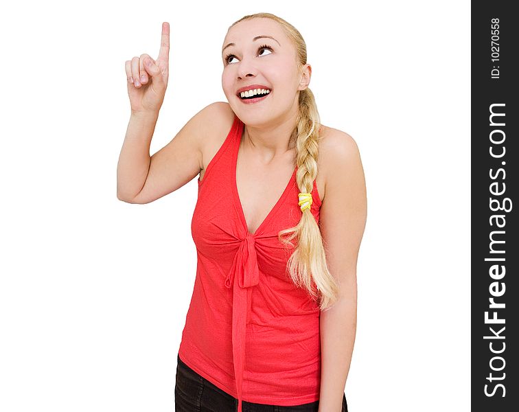 Smiling Woman Pointing Towards Copyspace