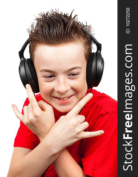 Boy with freckle and headphones on a white background