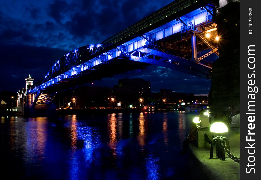 Night Sight of Andreyevsky bridge in Moscow. It was railway bridge before, but now it is reconstructed as a pedestrian.