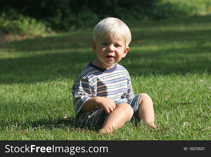 A young toddler sits on the grass. He has blond hair and blue eyes. A young toddler sits on the grass. He has blond hair and blue eyes