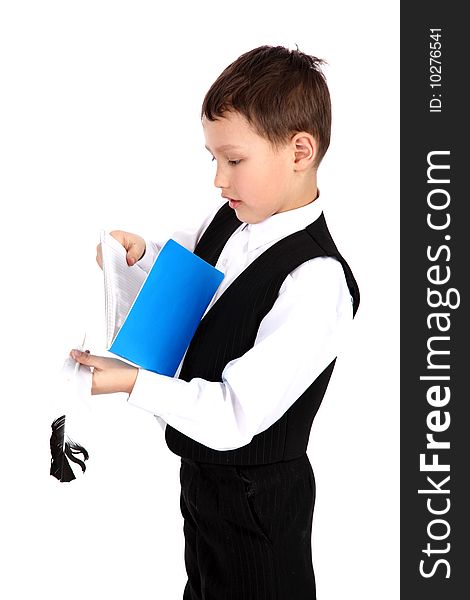 Schoolboy with book and vintage pen feather isolated on white