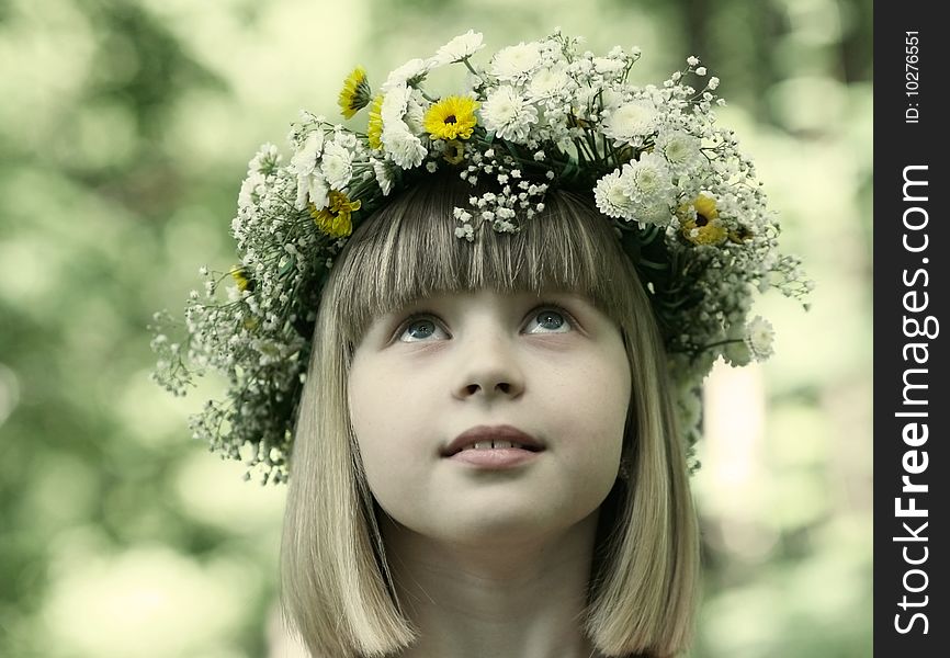 Portrait of the girl in a flower wreath.