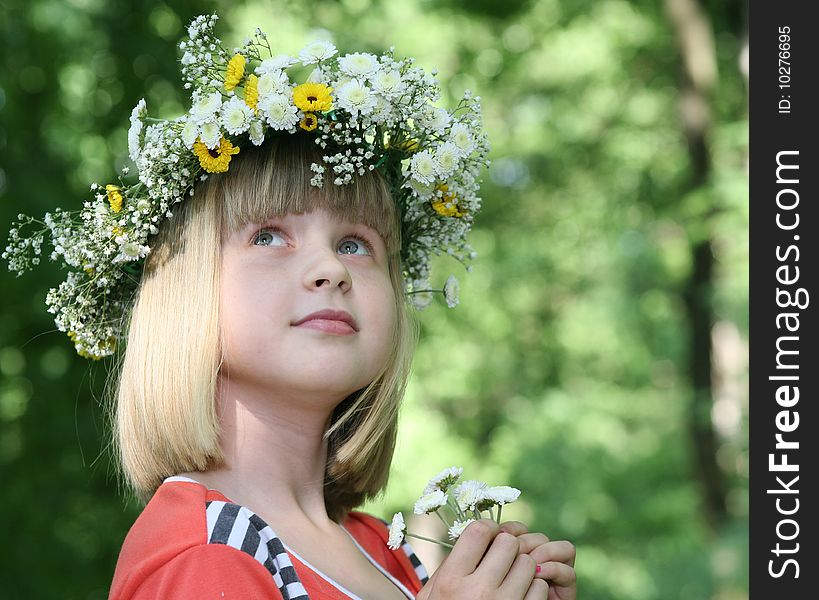 Portrait of the girl in a flower wreath.