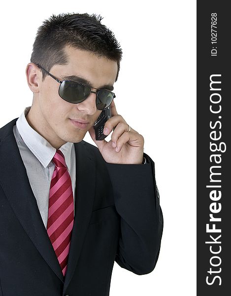 Man in black with phone