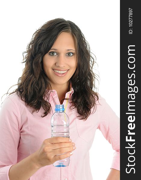 Young woman drinks water, isolated over white. Young woman drinks water, isolated over white