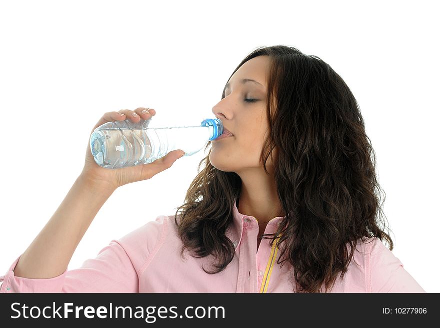 Young woman drinks water, isolated over white. Young woman drinks water, isolated over white
