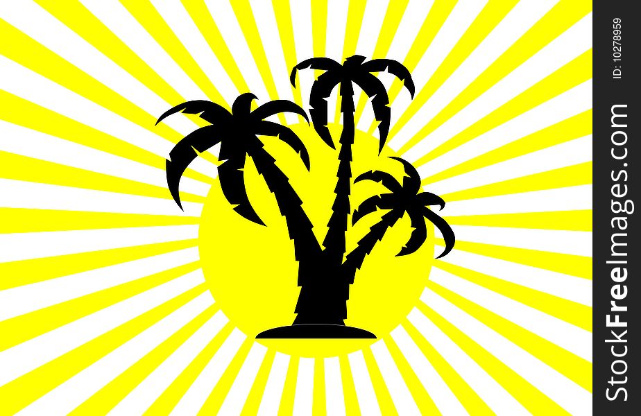 We have three palm trees against the yellow sun