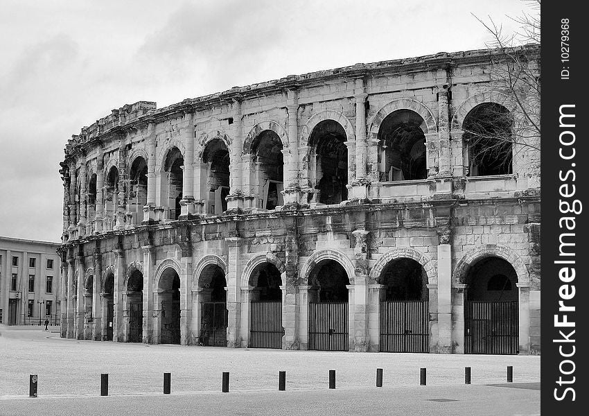 The Roman arena of Nimes, France, in blaxk and white. The Roman arena of Nimes, France, in blaxk and white