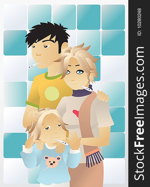 A whole sick family mother father and child holding thermometers in the bathroom. A whole sick family mother father and child holding thermometers in the bathroom