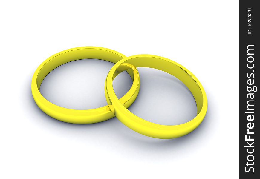 Gold wedding rings on white background 3d