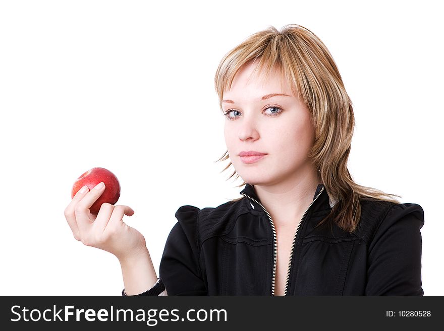 Girl with red apple isolated