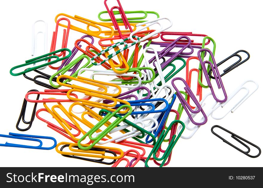 Color paper clips to background. Isolated on white background