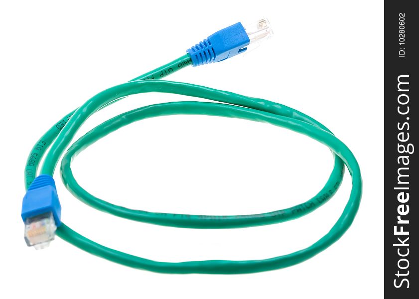 Green ethernet pach cord isolated on white background