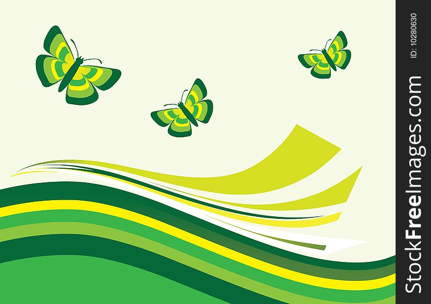 The green striped background with butterflies. Vector illustration