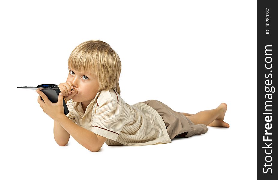 Little boy working with PDA, studio shot. Little boy working with PDA, studio shot