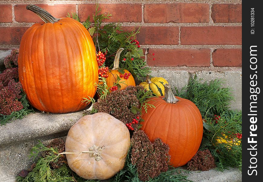 Falltime display of pumpkins, gourds, flowers, and greenery against a brick wall. Falltime display of pumpkins, gourds, flowers, and greenery against a brick wall.