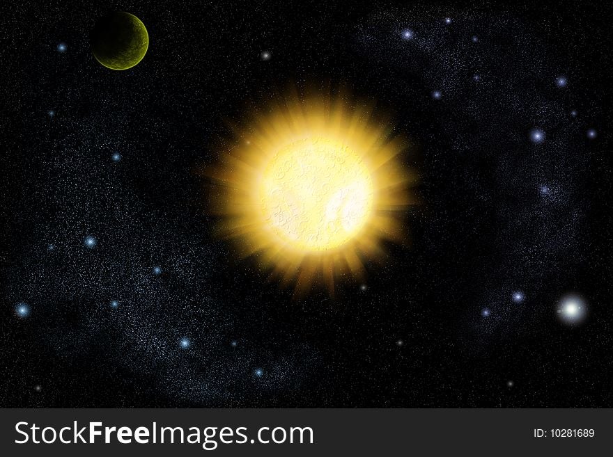Big Sun in space with stars
