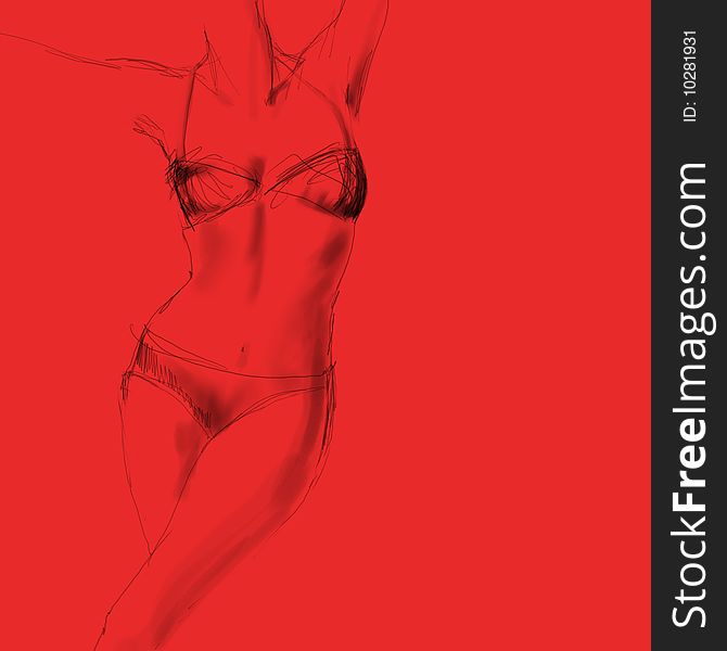 Hand sketch of woman in swimsuit on red background