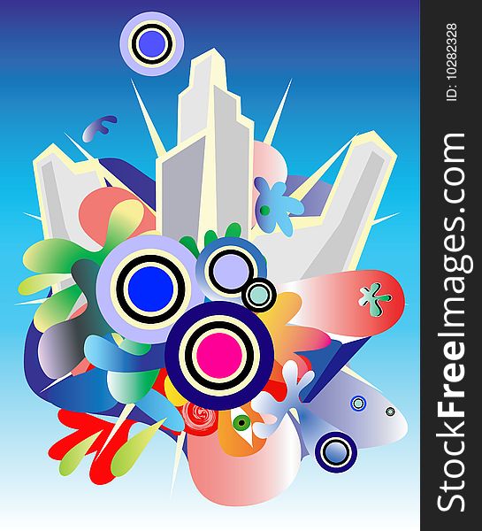 Abstract city background with psichedelic shapes. Abstract city background with psichedelic shapes.