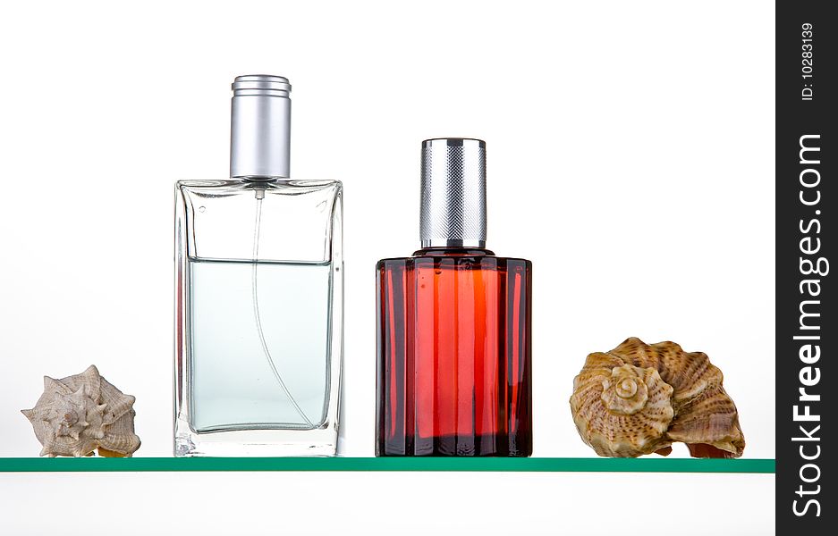 Aftershave bottles with shell decoration. Aftershave bottles with shell decoration