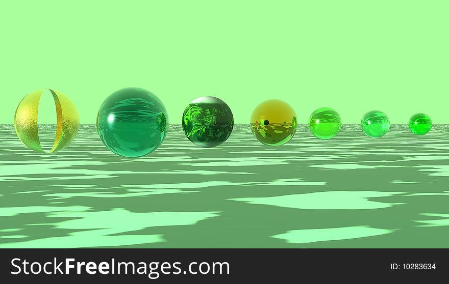 7 green balls of various decorations in one an ecological landscape.