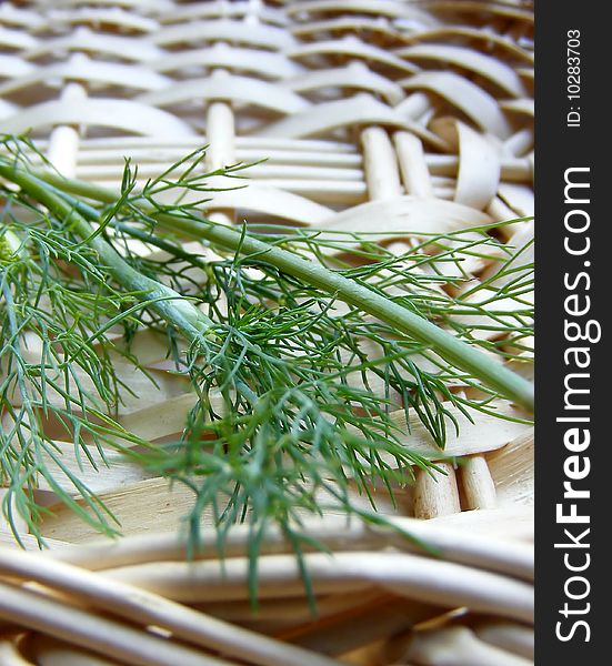 Dill in knitted basket in macro photography