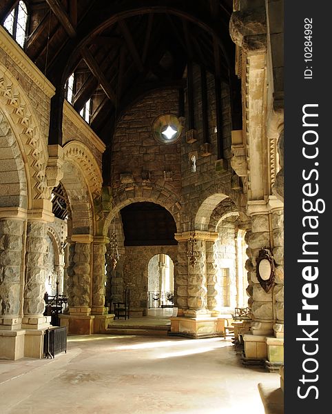 Stone and wood church nave in Romanesque style. Stone and wood church nave in Romanesque style