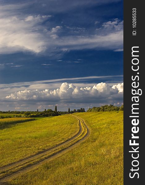 Small road leads through the meadows to the forest on the horizon. Sky is blue and white clouds fly low over the land. Small road leads through the meadows to the forest on the horizon. Sky is blue and white clouds fly low over the land.