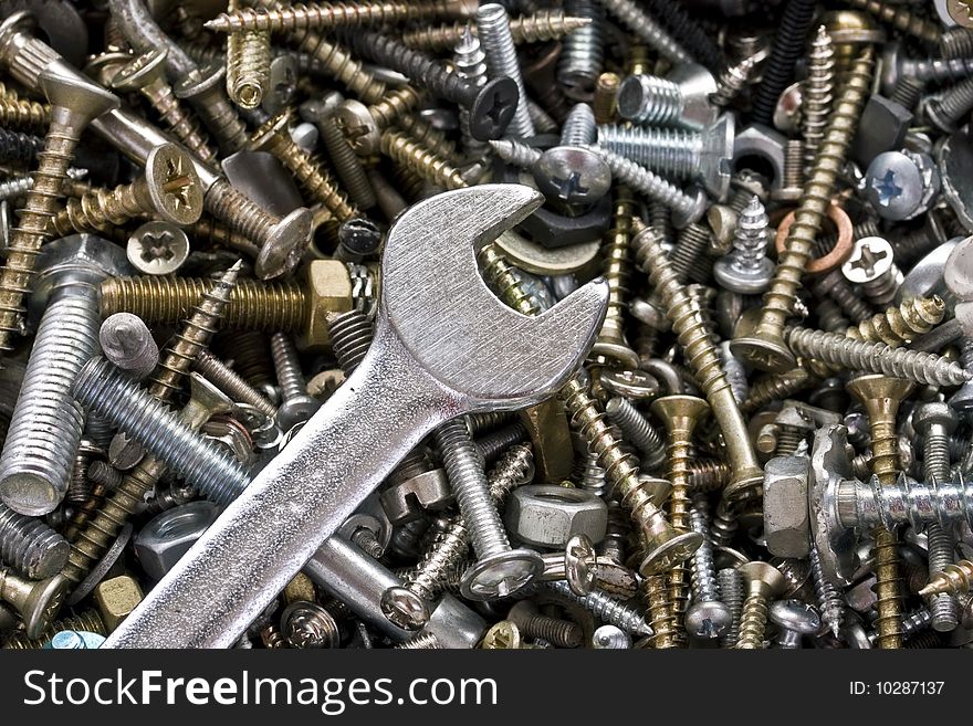 Spanner, nuts and bolts closeup