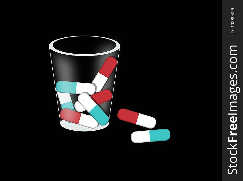 Glass with group of pills on black. Glass with group of pills on black