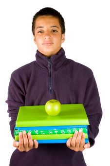 Pakistan Schoolboy With Schoolbooks And An Apple Stock Photos Pakistan Schoolboy With Schoolbooks And An Apple Stock Photos