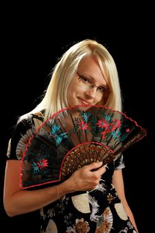 A Young Attractive Woman With Fan Stock Photo A Young Attractive Woman With Fan Stock Photo