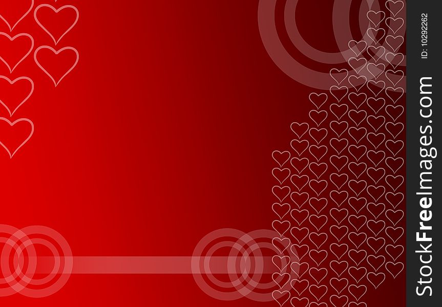 Red background with circles, hearths and lines. Abstract illustration