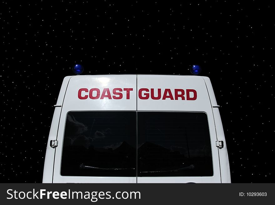 The back of a coast guard vehicle ready for rescue at night. The back of a coast guard vehicle ready for rescue at night