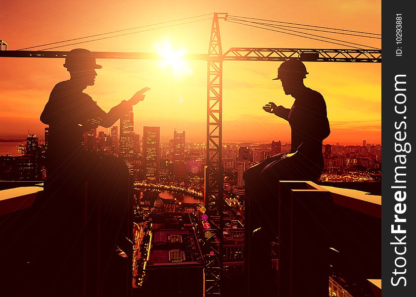 Group of the workers on a background of the sky