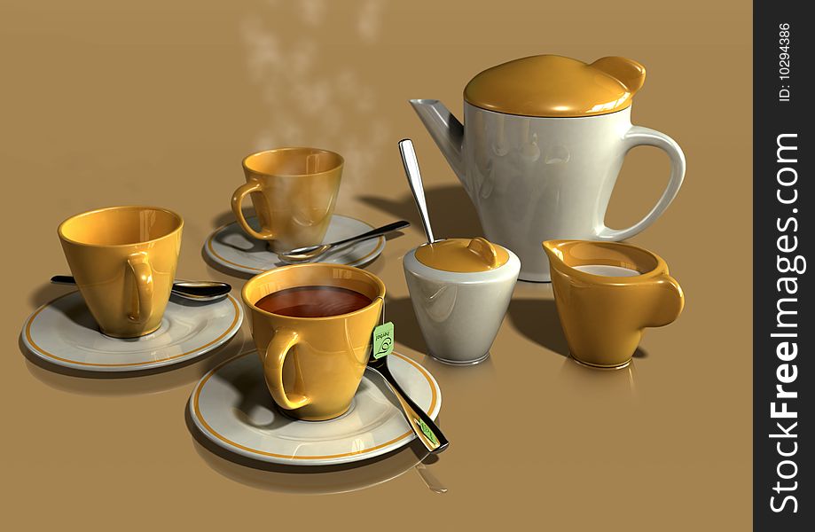 A modern tea set with cups, pot, milk and sugar bowls