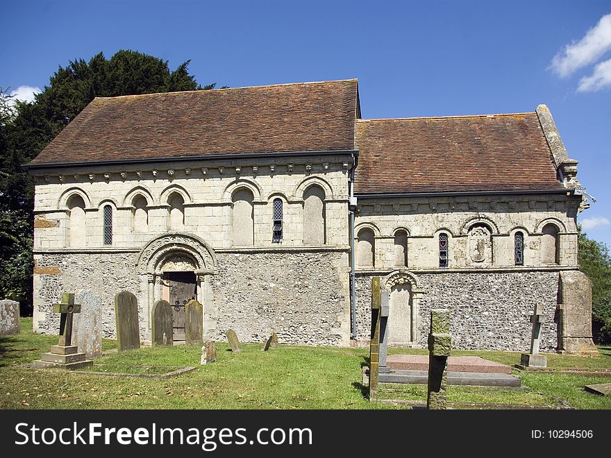 The 12th Century Parish church of St Nicholas in the the village of Barfrestone Kent England.