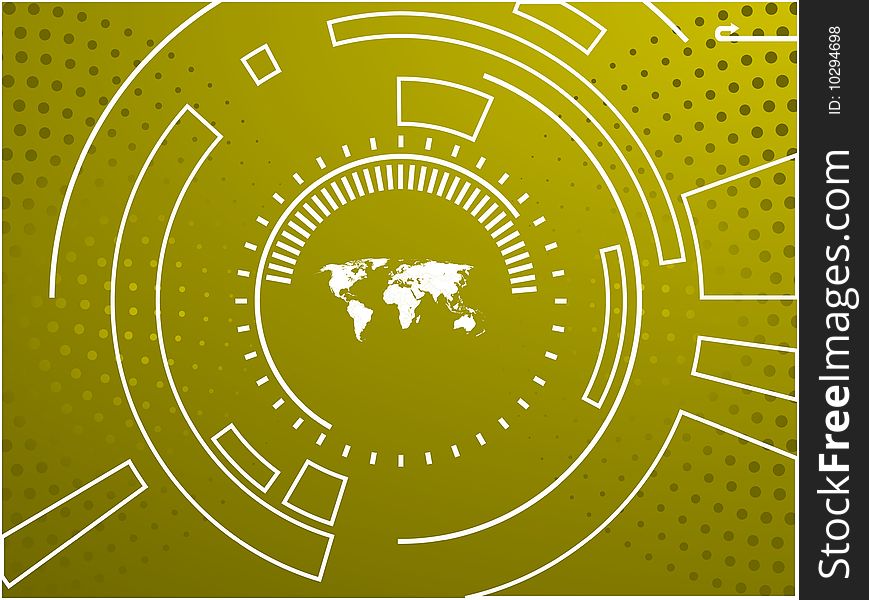 Yellow background with creative design and technological map of the world
