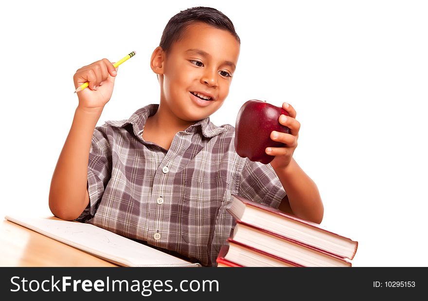 Cute Hispanic Boy with Books & Apple