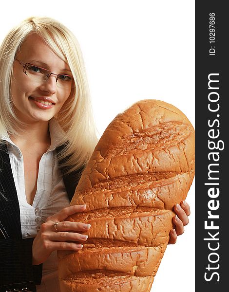 A young attractive business woman with big bread, isolated on white background